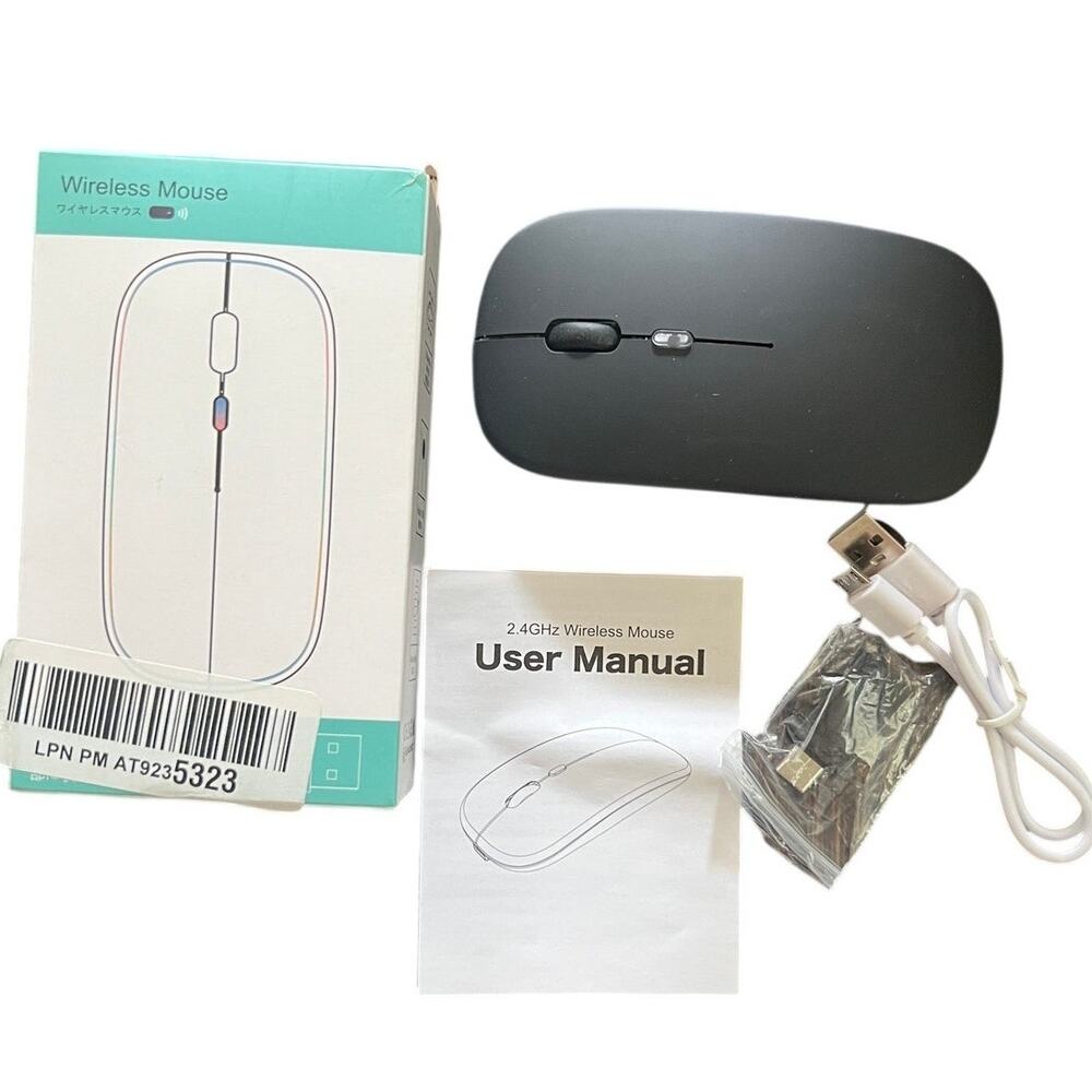 Led Bluetooth Rechargeable Black Wireless Mouse w/ Charging Cord New Open Box